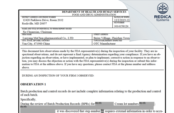 FDA 483 - Luoyang MuChun pharmaceutical Co., LTD [China / China] - Download PDF - Redica Systems