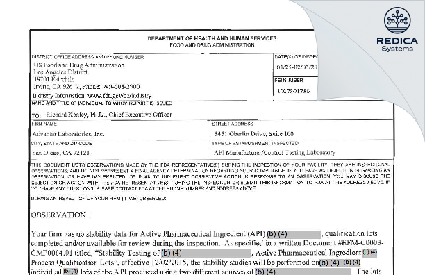 FDA 483 - Eurofins Advantar Laboratories, Inc. [San Diego / United States of America] - Download PDF - Redica Systems