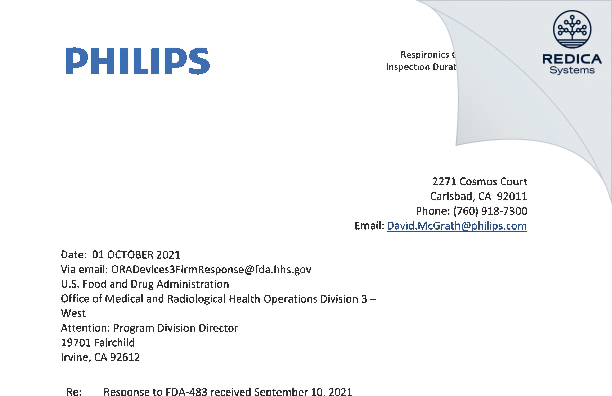 FDA 483 Response - Respironics California, LLC [Carlsbad / United States of America] - Download PDF - Redica Systems