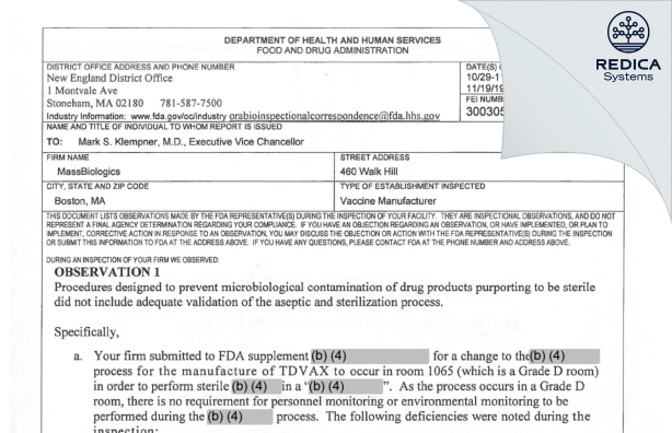 FDA 483 - MassBiologics [Boston / United States of America] - Download PDF - Redica Systems