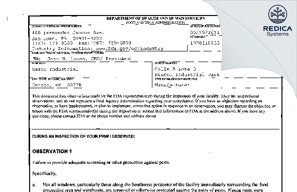 FDA 483 - Gasco Industrial [Gurabo / United States of America] - Download PDF - Redica Systems