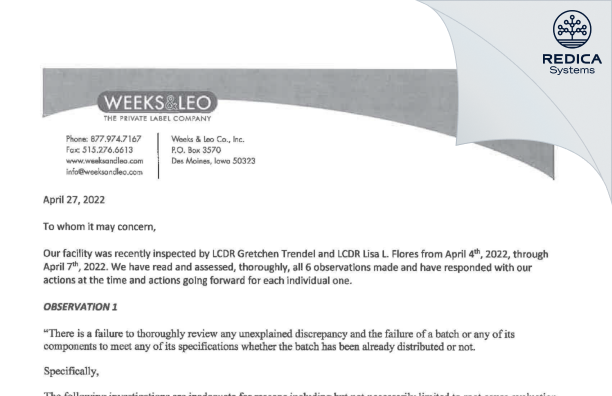 FDA 483 Response - Weeks & Leo Co., Inc. [Clive / United States of America] - Download PDF - Redica Systems
