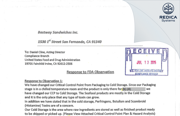 FDA 483 Response - Bestway Sandwiches, Inc. dba Bestway Foods [San Fernando / United States of America] - Download PDF - Redica Systems