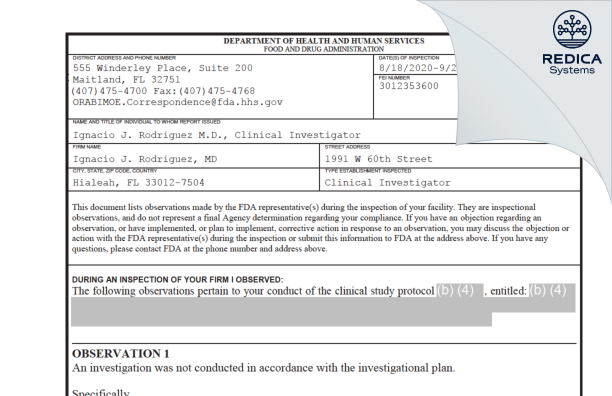 FDA 483 - Ignacio J. Rodriguez, MD [Hialeah / United States of America] - Download PDF - Redica Systems