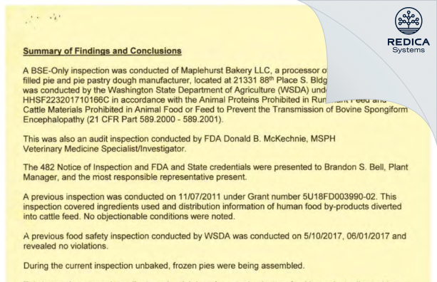 EIR - Westin Foods US LLC [Kent / United States of America] - Download PDF - Redica Systems