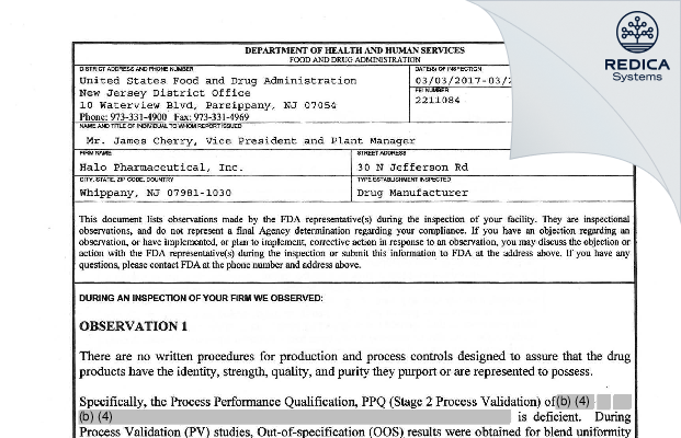 FDA 483 - Halo Pharmaceutical Inc [Jersey / United States of America] - Download PDF - Redica Systems