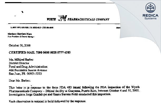 FDA 483 Response - Wyeth Pharmaceuticals Company [Guayama / United States of America] - Download PDF - Redica Systems
