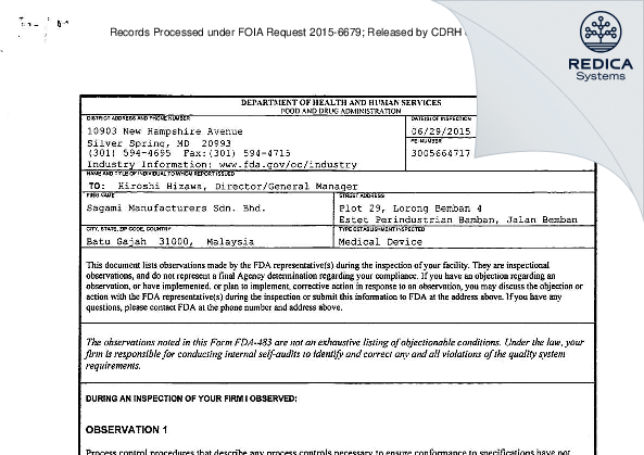 FDA 483 - Sagami Manufacturers Sdn. Bhd. [Batu Gajah / Malaysia] - Download PDF - Redica Systems