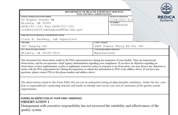 FDA 483 - 360 Imaging LLC [Atlanta / United States of America] - Download PDF - Redica Systems