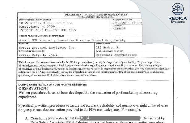 FDA 483 - Forest Research Institute, Inc. [Jersey City / United States of America] - Download PDF - Redica Systems
