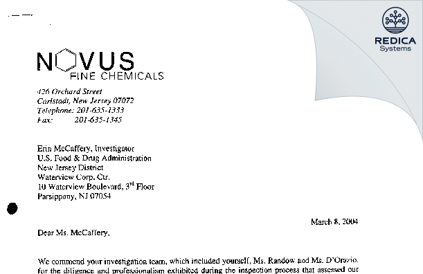 FDA 483 Response - Novus Fine Chemicals [Carlstadt / United States of America] - Download PDF - Redica Systems