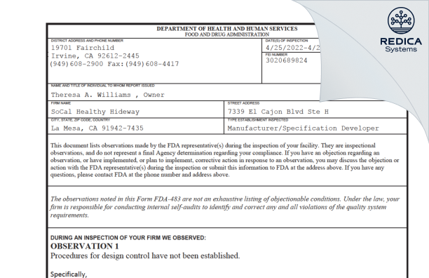 FDA 483 - SoCal Healthy Hideway [La Mesa / United States of America] - Download PDF - Redica Systems