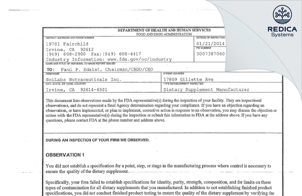 FDA 483 - SciLabs Nutraceuticals Inc. [Irvine / United States of America] - Download PDF - Redica Systems