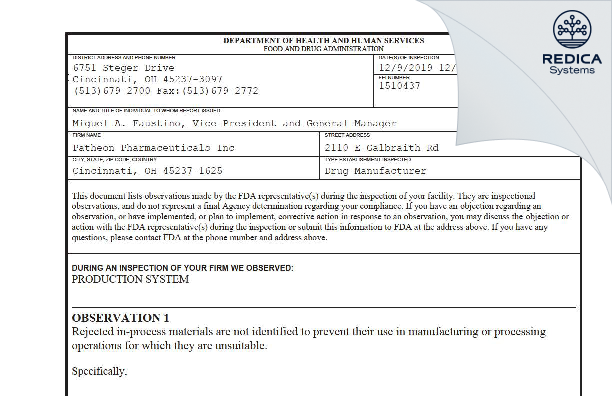 FDA 483 - Patheon Pharmaceuticals Inc. [Cincinnati Ohio / United States of America] - Download PDF - Redica Systems