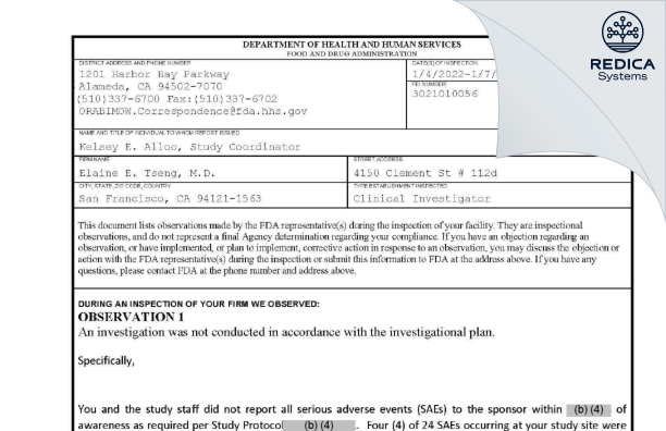 FDA 483 - Elaine E. Tseng, M.D. [San Francisco / United States of America] - Download PDF - Redica Systems