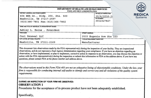 FDA 483 - Cool Renewal LLC [Nashville / United States of America] - Download PDF - Redica Systems