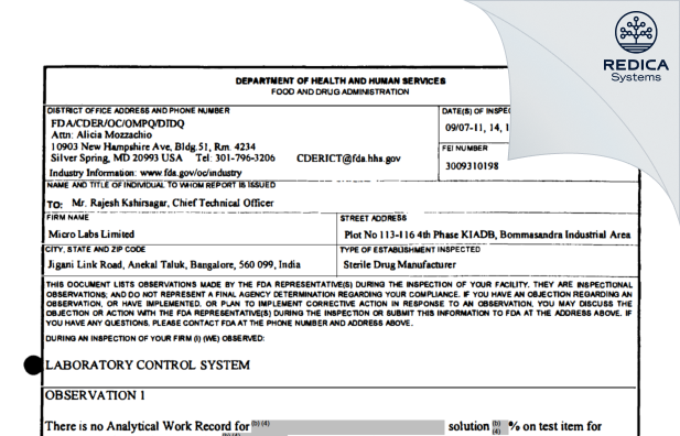 FDA 483 - Micro Labs Limited [India / India] - Download PDF - Redica Systems