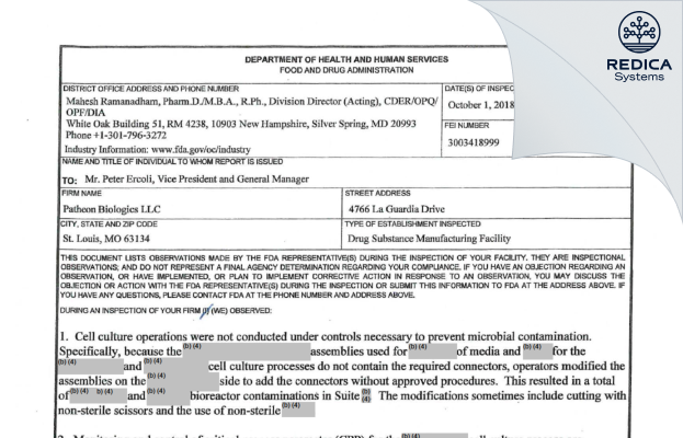 FDA 483 - Patheon Biologics LLC [Saint Louis / United States of America] - Download PDF - Redica Systems