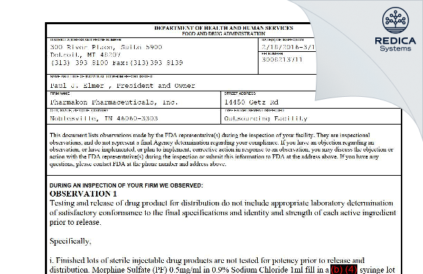 FDA 483 - Pharmakon Pharmaceuticals, Inc. [Noblesville / United States of America] - Download PDF - Redica Systems