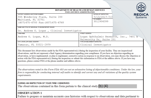 FDA 483 - Andrew G. Logan, M.D. [Tamarac / United States of America] - Download PDF - Redica Systems