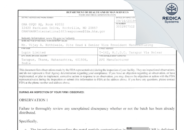 FDA 483 - LUPIN LIMITED [Palghar Tarapur / India] - Download PDF - Redica Systems