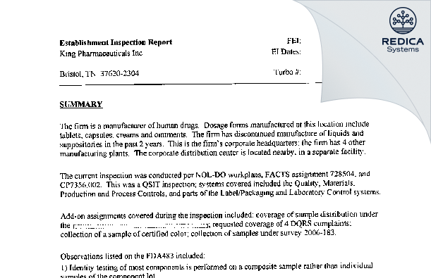 EIR - Gregory Pharmaceutical Holdings, Inc., dba UPM Pharmaceuticals [Bristol / United States of America] - Download PDF - Redica Systems