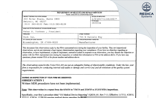 FDA 483 - Cook Incorporated [Bloomington / United States of America] - Download PDF - Redica Systems