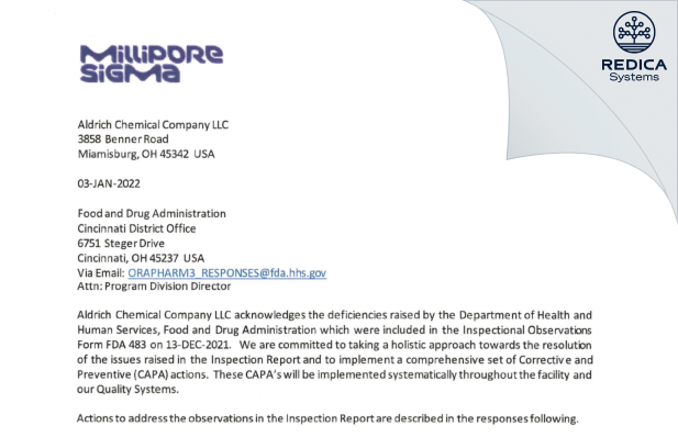 FDA 483 Response - Aldrich Chemical Company LLC [Miamisburg Ohio / United States of America] - Download PDF - Redica Systems
