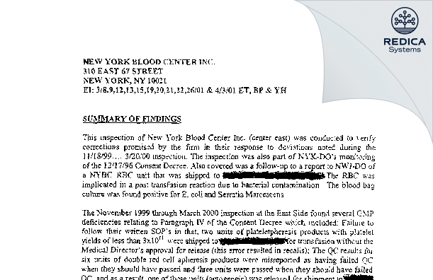 EIR - New York Blood Center Enterprises [New York / United States of America] - Download PDF - Redica Systems