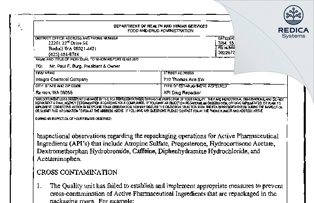 FDA 483 - Integra Chemical Company [Renton / United States of America] - Download PDF - Redica Systems