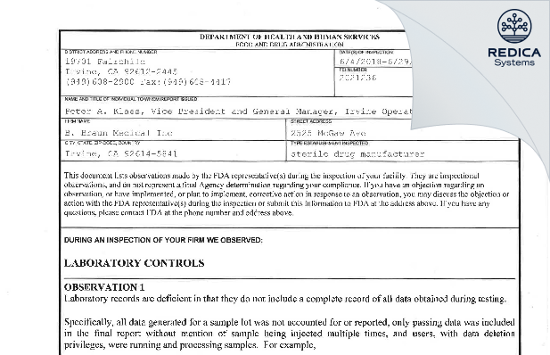 FDA 483 - B. Braun Medical Inc. [Irvine / United States of America] - Download PDF - Redica Systems