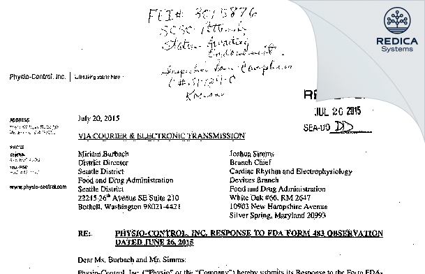 FDA 483 Response - Physio-Control, Inc. [Redmond / United States of America] - Download PDF - Redica Systems