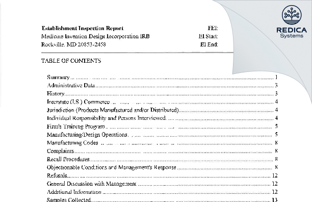 EIR - Medicine Invention Design Incorporation IRB [Rockville / United States of America] - Download PDF - Redica Systems
