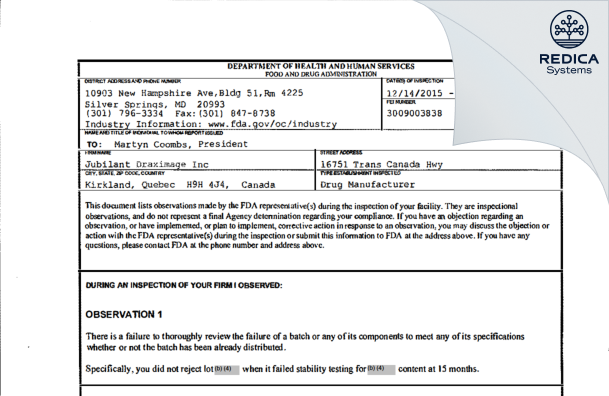 FDA 483 - Jubilant DraxImage Inc., dba Jubilant Radiopharma [Kirkland / Canada] - Download PDF - Redica Systems