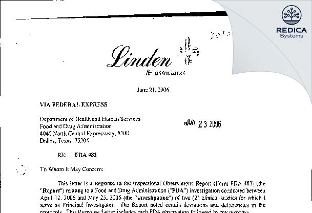 FDA 483 Response - David E. Linden, MD, Clinical Investigator [Oklahoma City / United States of America] - Download PDF - Redica Systems