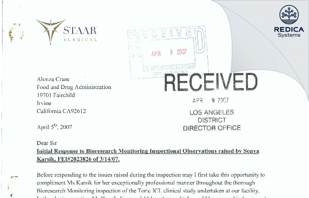 FDA 483 Response - Staar Surgical Co. [Monrovia / United States of America] - Download PDF - Redica Systems