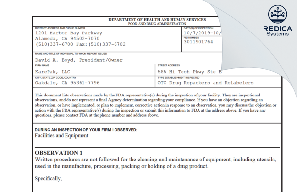 FDA 483 - KarePak LLC [Oakdale / United States of America] - Download PDF - Redica Systems