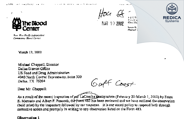 FDA 483 Response - Gulf Coast Regional Blood Center [Houston / United States of America] - Download PDF - Redica Systems