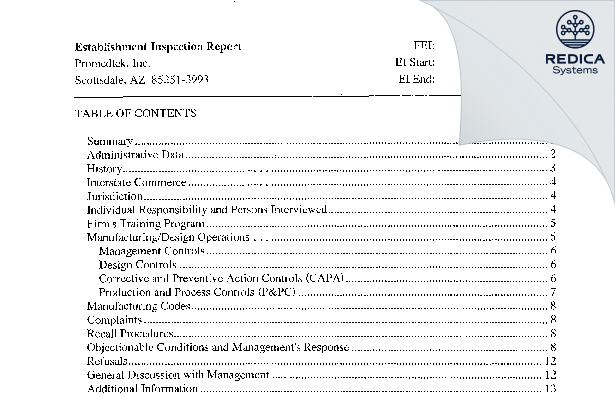 EIR - Promedtek, Inc. [Scottsdale / United States of America] - Download PDF - Redica Systems