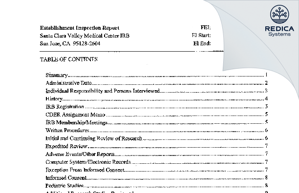 EIR - Santa Clara Valley Medical Center IRB [San Jose / United States of America] - Download PDF - Redica Systems