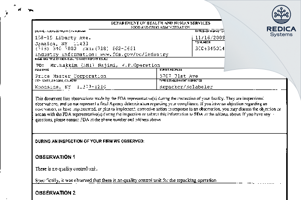 FDA 483 - Price Master Corporation [New York / United States of America] - Download PDF - Redica Systems