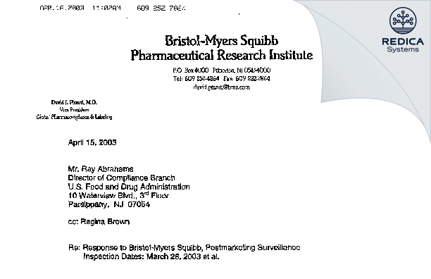 FDA 483 Response - Bristol-Myers Squibb Company [Princeton / United States of America] - Download PDF - Redica Systems