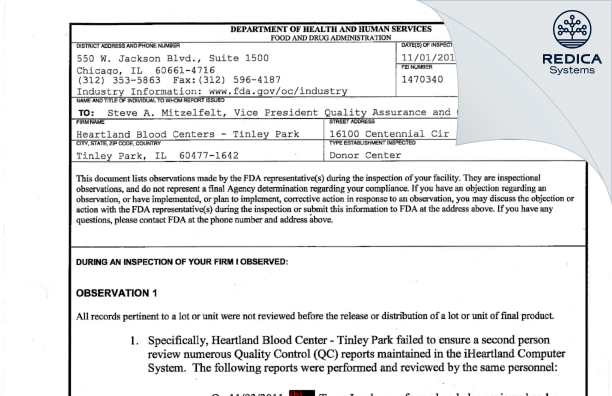 FDA 483 - Versiti Illinois Inc [Tinley Park / United States of America] - Download PDF - Redica Systems