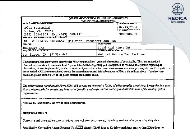 FDA 483 - NuVasive Inc [San Diego / United States of America] - Download PDF - Redica Systems