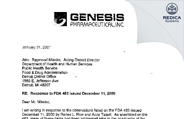 FDA 483 Response - Genesis Pharmaceutical, Inc. [Henderson / United States of America] - Download PDF - Redica Systems