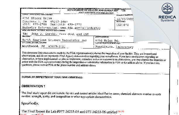 FDA 483 - NAMSA, LLC [Northwood / United States of America] - Download PDF - Redica Systems