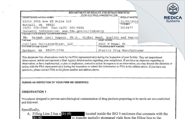 FDA 483 - Jubilant HollisterStier LLC [Spokane / United States of America] - Download PDF - Redica Systems