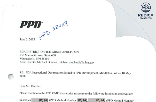 FDA 483 Response - PPD Development, L.P. [Middleton / United States of America] - Download PDF - Redica Systems
