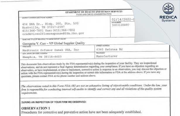 FDA 483 - Medtronic Sofamor Danek USA, Inc [Memphis / United States of America] - Download PDF - Redica Systems