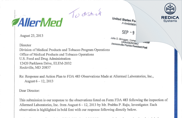 FDA 483 Response - Allermed Laboratories, Inc. [San Diego / United States of America] - Download PDF - Redica Systems